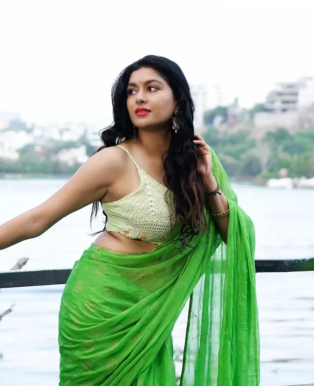 South Indian Actress Akshatha Srinivas in Green Saree